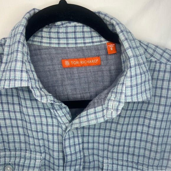 Tori Richard Small Mens Casual Blue Plaid Shirt - Picture 3 of 4